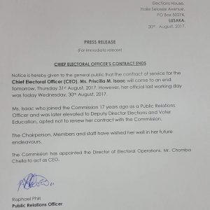 ECZ CHIEF ELECTORAL OFFICER’S CONTRACT ENDS ECZ CHIEF ELECTORAL OFFICER’S CONTRACT ENDS